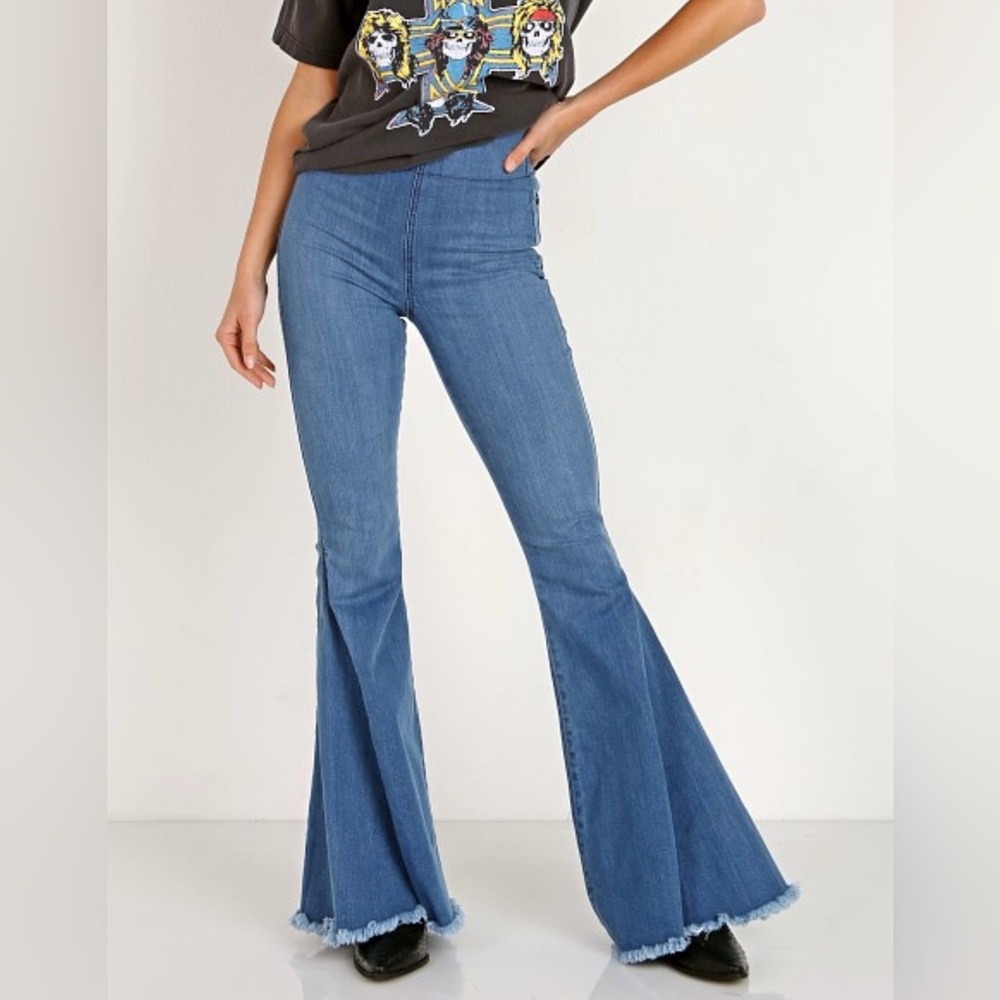Show Me Your Mumu Berkeley Bells Flare Jeans Womens XL Blue Stretch Denim Ocean